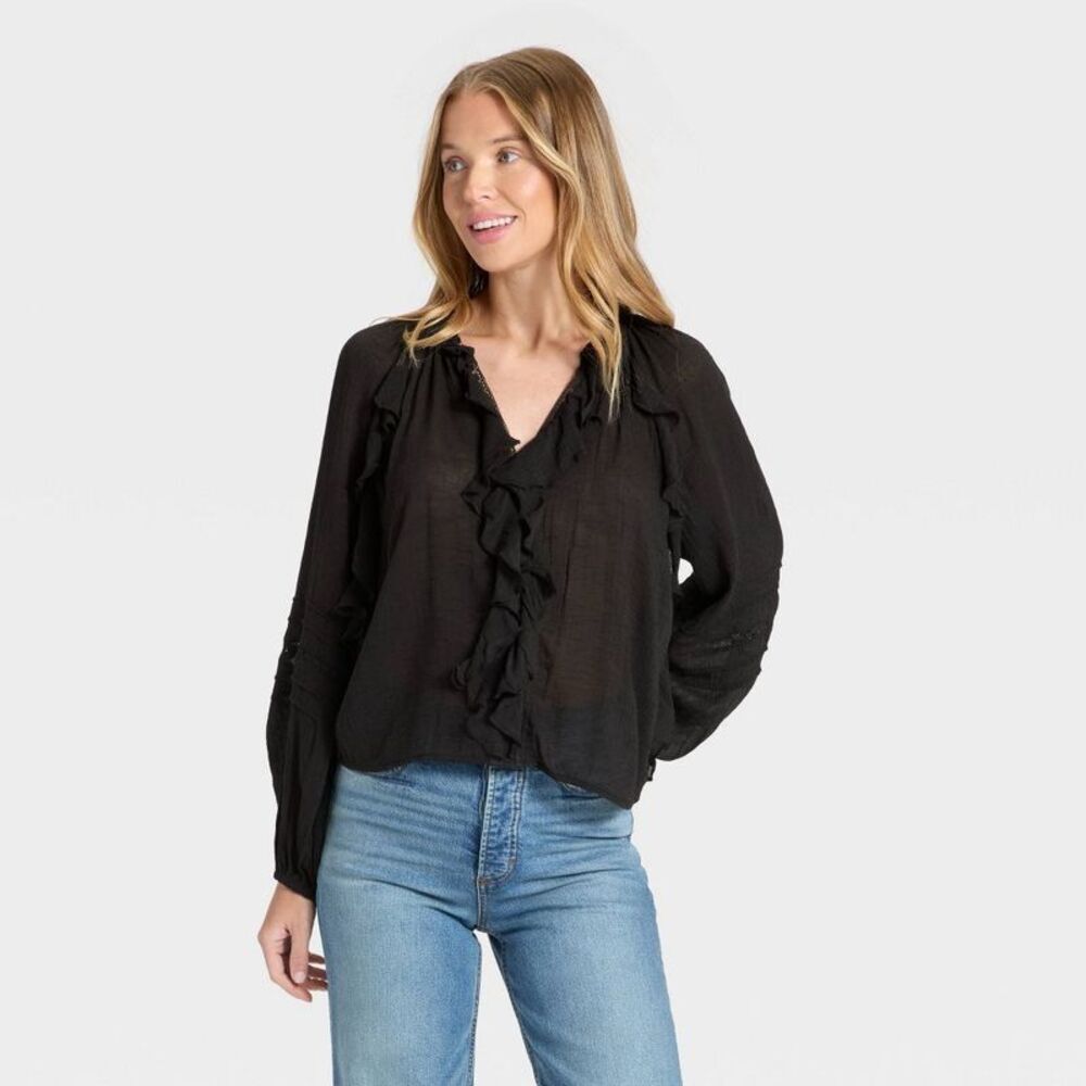 Women's Balloon Long Sleeve V-Neck Blouse - Universal Thread Black L